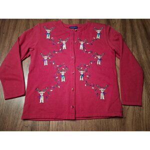 Karen Scott Christmas Cardigan Embroidered Sweatshirt w/Reindeer & Lights S
